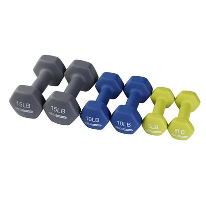 Holahatha 5, 10, and 15 Pound Neoprene Hex Dumbbell Set with Rack - Strength Training Dumbbell Set