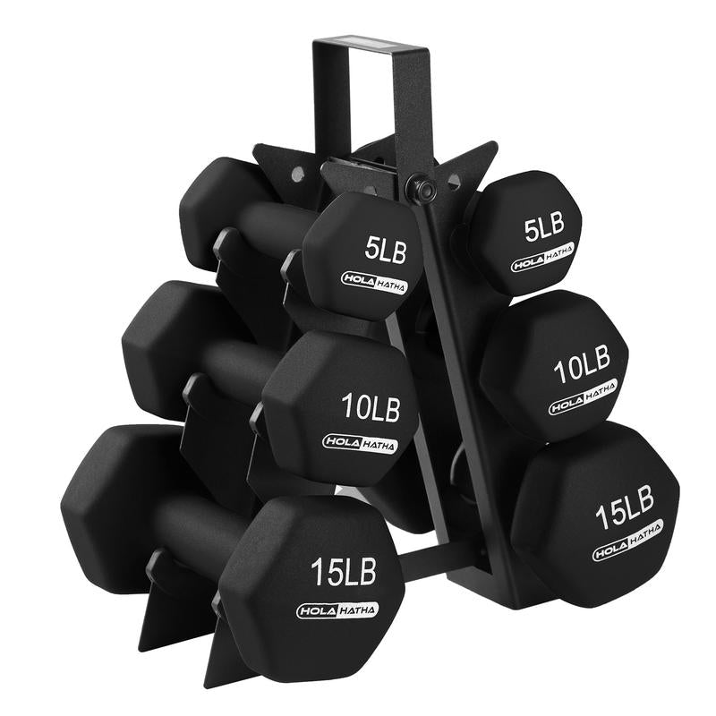 Holahatha 5, 10, and 15 Pound Neoprene Hex Dumbbell Set with Rack - Strength Training Dumbbell Set