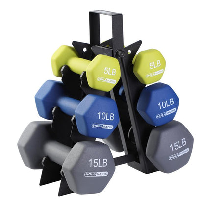 Holahatha 5, 10, and 15 Pound Neoprene Hex Dumbbell Set with Rack - Strength Training Dumbbell Set