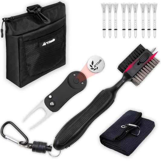 Golf Accessories Kit 13 in 1, Includes a Towel, Divot Tool, Ball Marker, Golf Tee, Storage Bag and Cleaning Brush. Golf Gifts for Him.