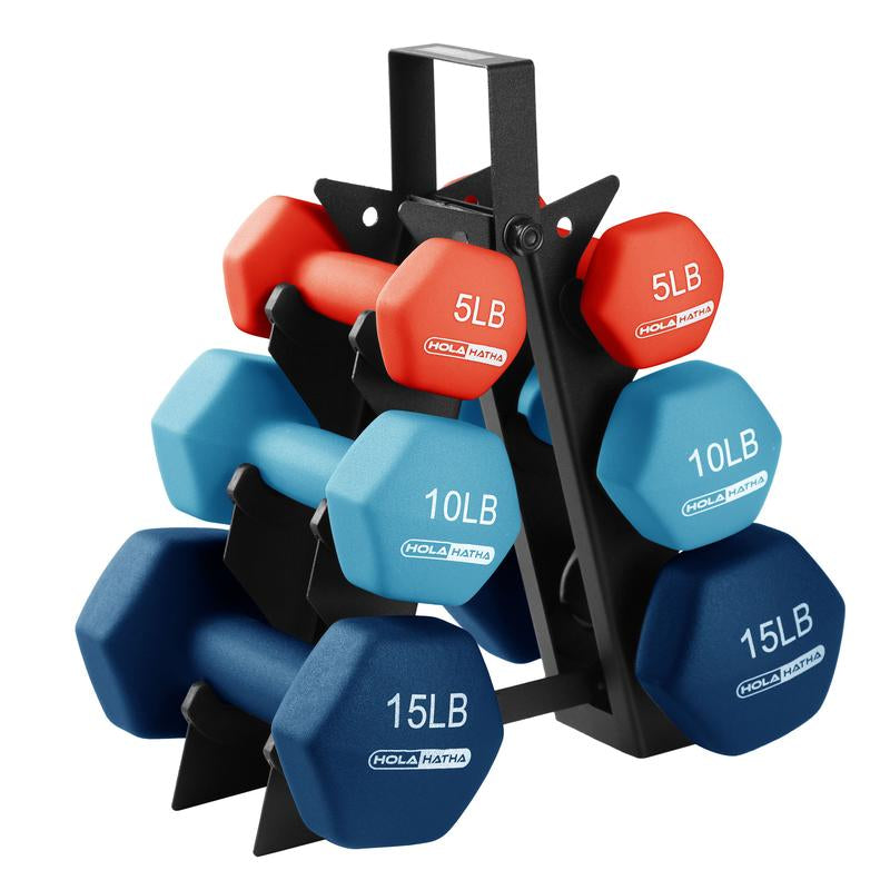 Holahatha 5, 10, and 15 Pound Neoprene Hex Dumbbell Set with Rack - Strength Training Dumbbell Set