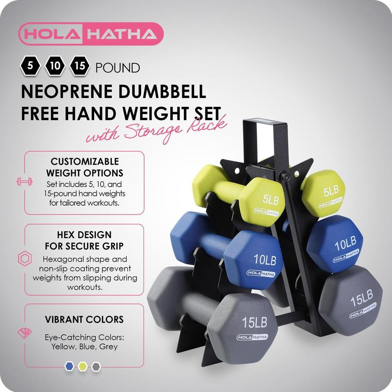 Holahatha 5, 10, and 15 Pound Neoprene Hex Dumbbell Set with Rack - Strength Training Dumbbell Set