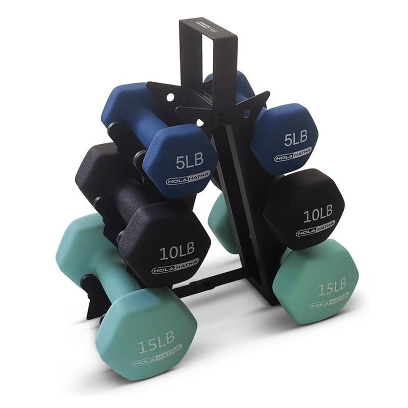 Holahatha 5, 10, and 15 Pound Neoprene Hex Dumbbell Set with Rack - Strength Training Dumbbell Set