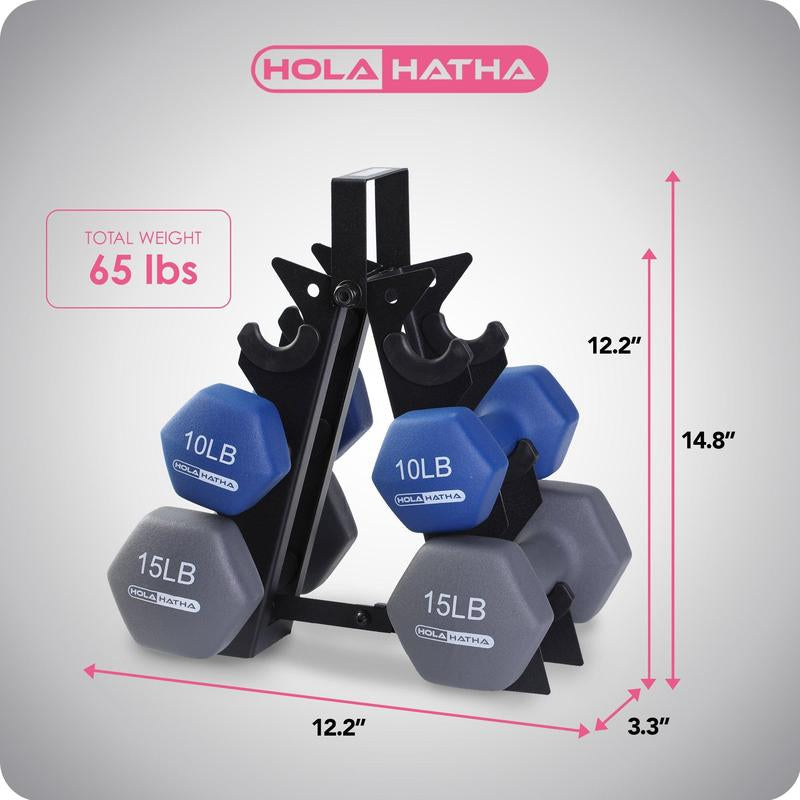 Holahatha 5, 10, and 15 Pound Neoprene Hex Dumbbell Set with Rack - Strength Training Dumbbell Set